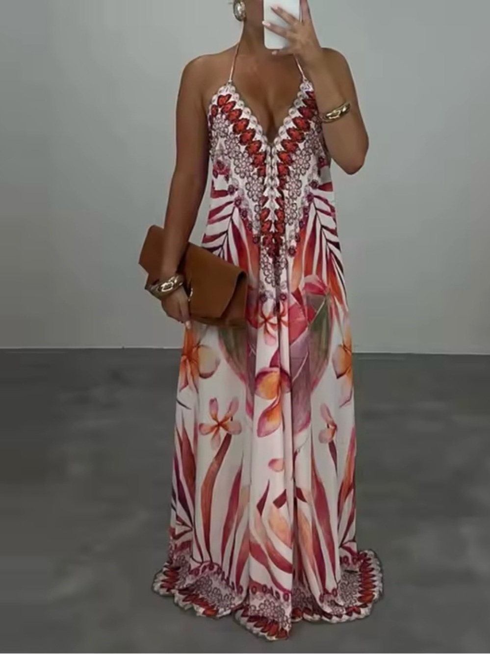 Floral Halter Maxi Dress in Pink and Orange